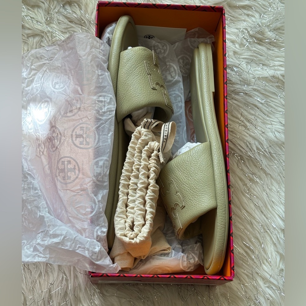 Tory Burch Olive Sprig Women’s Double T Sport Slide Tumbled Leather Size 9.5 - Picture 2 of 11